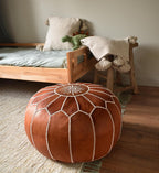 Poufs&Pillows Premium Moroccan Leather Pouf - Handmade - Delivered Stuffed - Ottoman, Footstool, Floor Cushion (Cognac Brown)