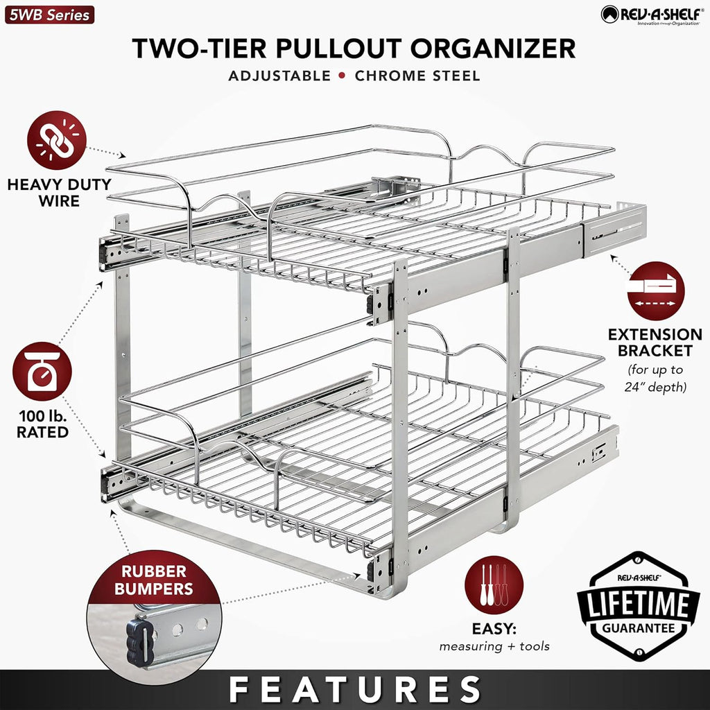 Rev-A-Shelf 2-Tier Kitchen Cabinet Pullout Shelf and Drawer Organizer Slide Out Pantry Storage Basket in Multiple Sizes, 18 x 22 In, 5WB2-1822CR-1