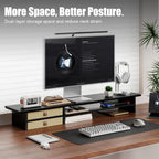 Dual‑Tier Monitor Stand Riser with Drawers, Desktop Organizer Shelf Storage for Computer Screen 2 Monitors, Supports for PC Computer Monitor, Printer, Heavy TV Riser Black