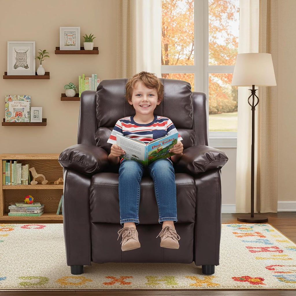 Kids Recliner Chair Storage Arms Reclining Toddler Push Back Sofa Ages 2-8 | 2 Flip-up Storage Arms, PU Leather, Adjustable Footrest, Reading Gaming Relaxing Sleeping, Children Child Youth Boys Girls