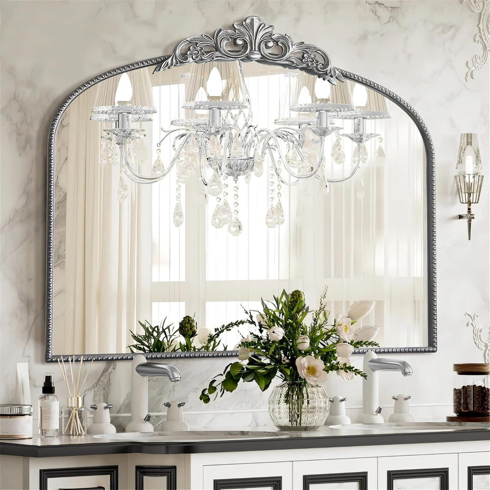 Vintage Silver Wall Mirror: 40"x29" Baroque Antique Arched Mirror