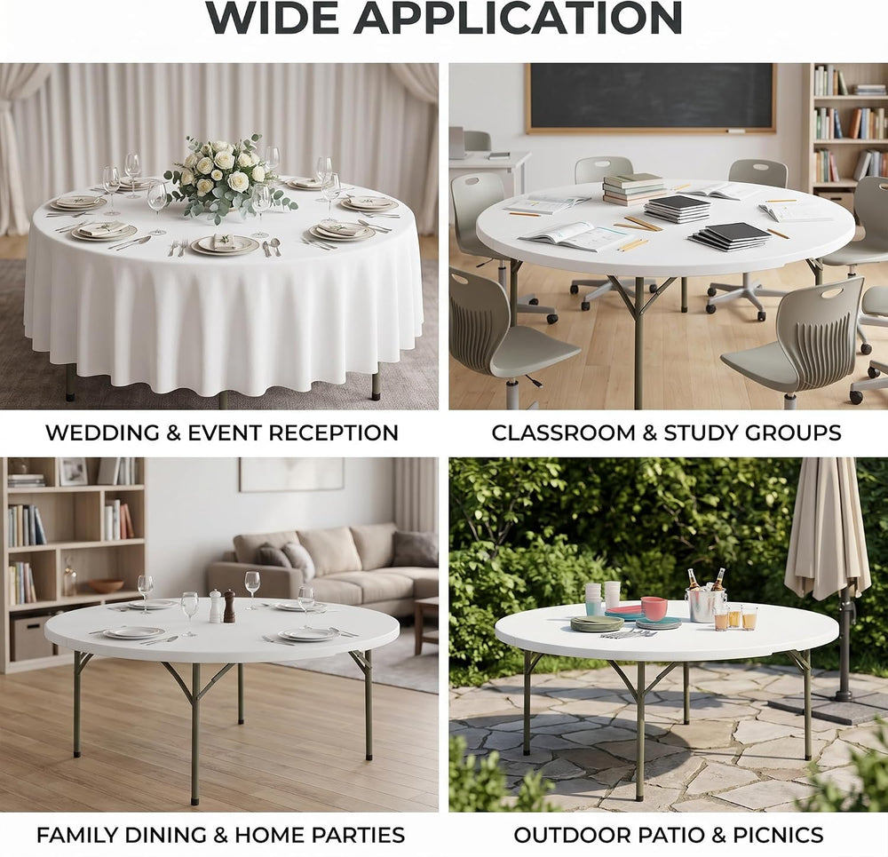 6-Pack 72-Inch Round Plastic Folding Tables, Bulk 6ft Heavy-Duty Commercial G...