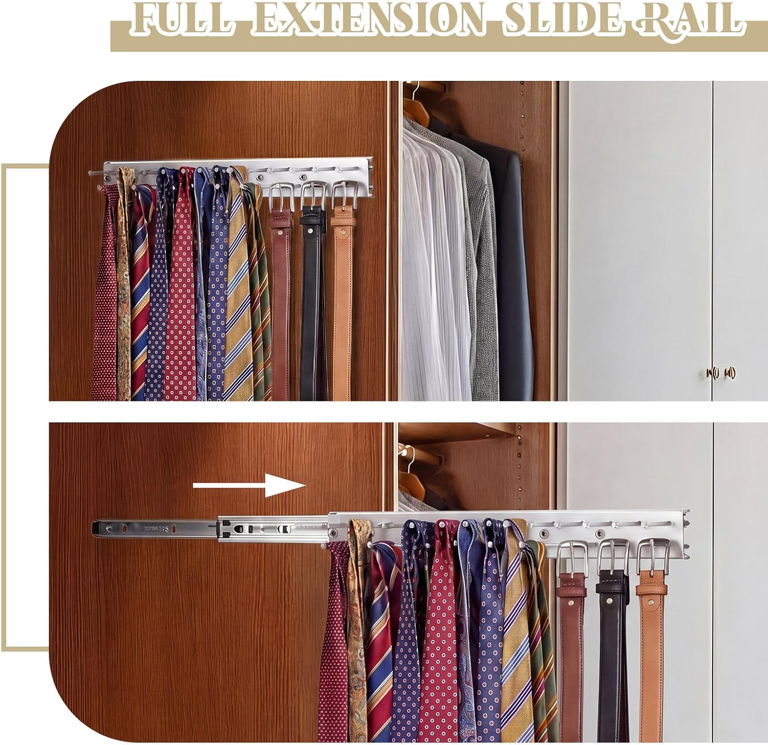 Blulu 2 Pcs 13.8'' Sliding Tie Rack Hangers for Closet, 25(Total 50) Tie Pull Out Wall Mounted Extending Sturdy Metal Belt Organizer Holder for Men Belt Storage, Sliver