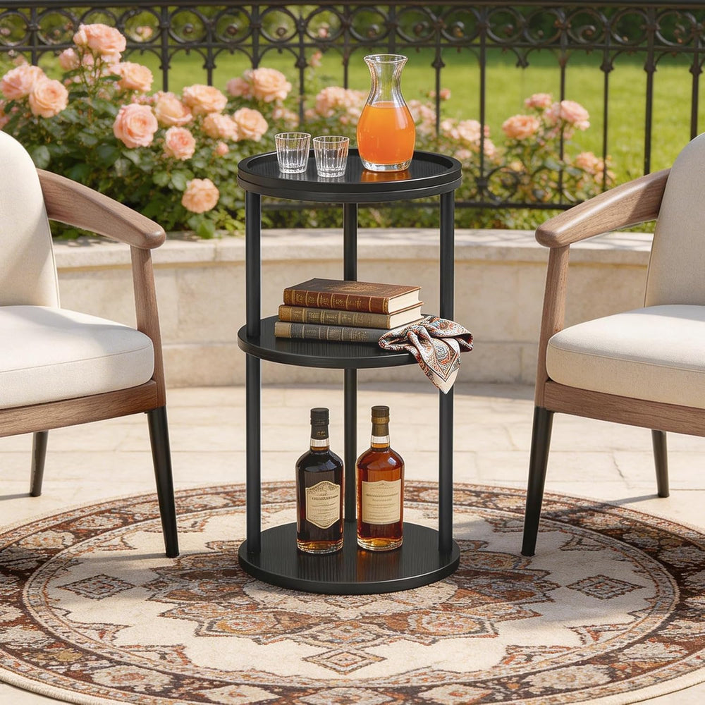 MAHANCRIS Small Round Side Table with Tray, 3-Tier End Table with Storage She...