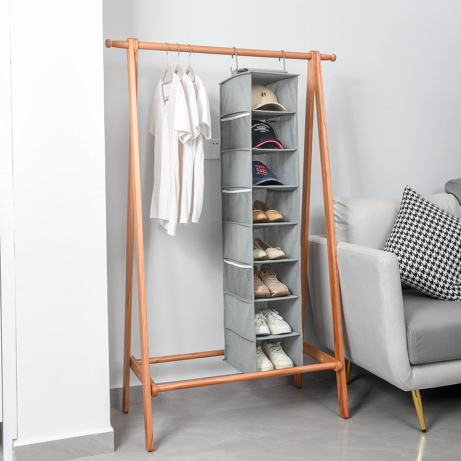 Berdeng Hanging Shoe Organizer for Closet with Side Mesh Pockets，Hat Racks for Baseball Caps，Shoe and Hat Holder & Storage，8-Shelf，Gray，1 Pack