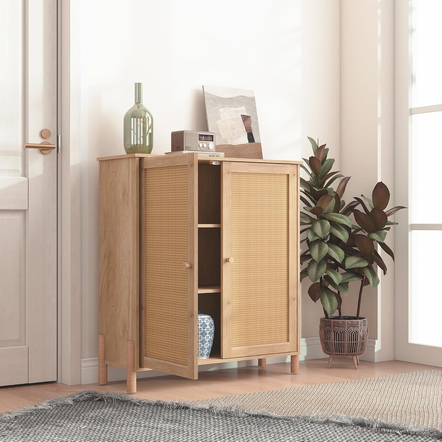 CIATRE Mid-Century Modern Natural Storage Cabinet with Woven Rattan Doors & Adjustable Shelves - Ideal for Living & Dining Room Decor & Organization