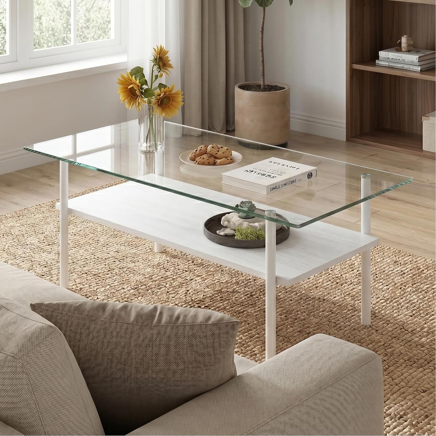 IANIYA Glass Coffee Table Modern Center Table, Coffee Table for Living Room, Tempered Glass-top with Sturdy Metal Frame, Easy Assembly, White