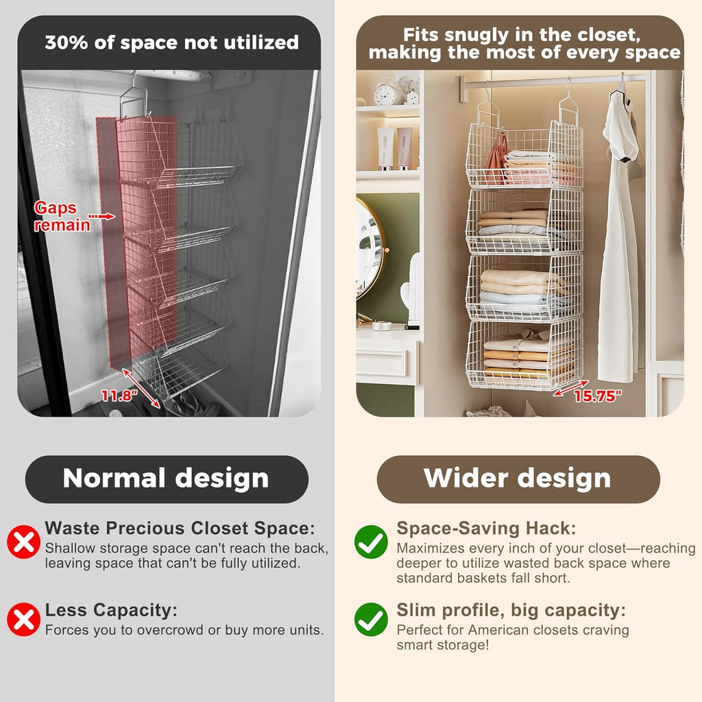 4" Extra Deeper Foldable Hanging Closet Organizer, Small Wire Cabinet Shelves and Storage with 5 S Hooks,4 Tier Metal Basket Bins for Clothes Sweaters Handbags, Wardrobe for Kitchen Laundry Room，White