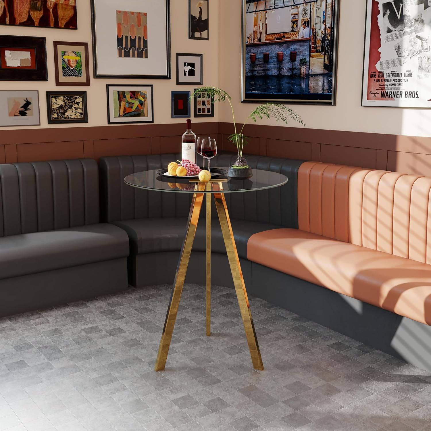 Round Bar Table, 37.4" High Pub Table, 31" Small Cocktail Table with Metal Base & Glass Top, for Small Spaces, Bistro Pub, Cafe(Gold)