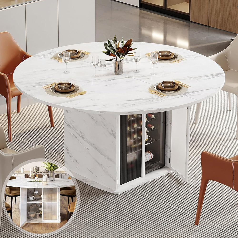 IBF 47" Round Dining Table with Storage, White Faux Marble Kitchen Table...