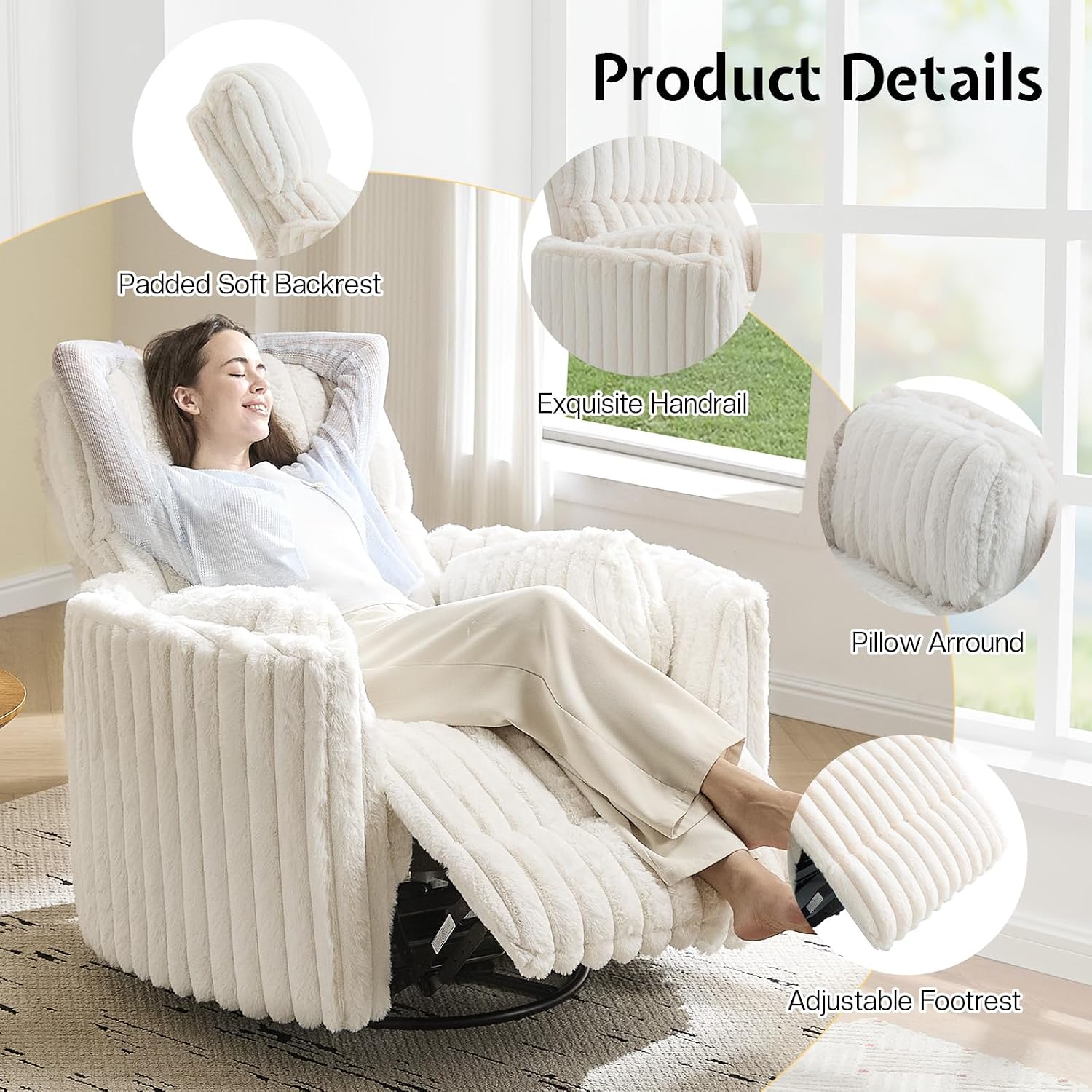 Jocisland Power Rocking Nursery Chair, Oversized Recliner Swivel Glider Chairs for Adults with 2 Pillows, USB & Type-C, Beige Corduroy