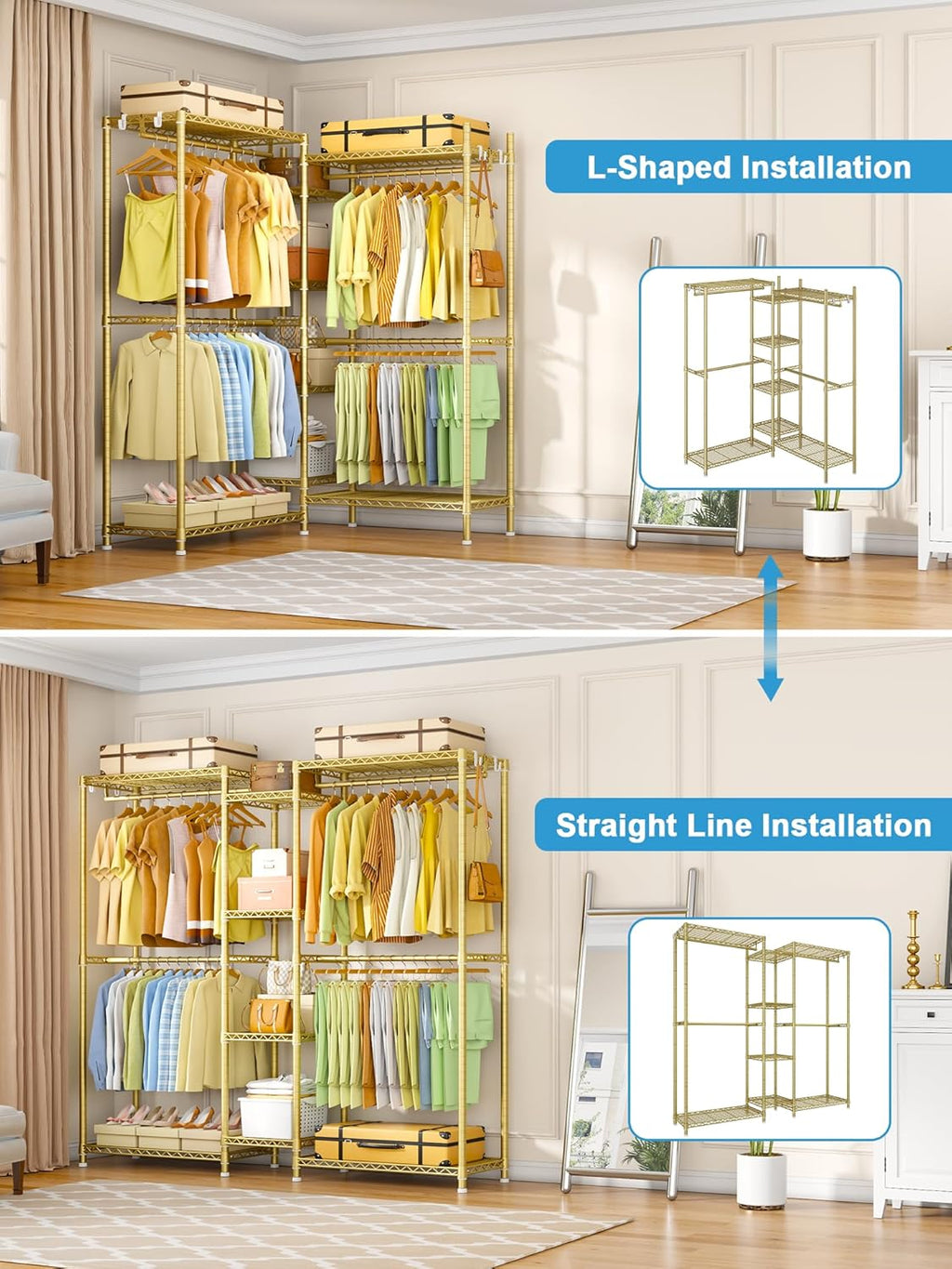 Ulif E4 Clothes Rack, Heavy-Duty Garment Rack, Metal Freestanding Clothing Organization Storage System Can Be L-Shaped with Shelves and Hangers, Max Load 962lbs, 71.6" W x 14.5" D x 79.3" H, Gold
