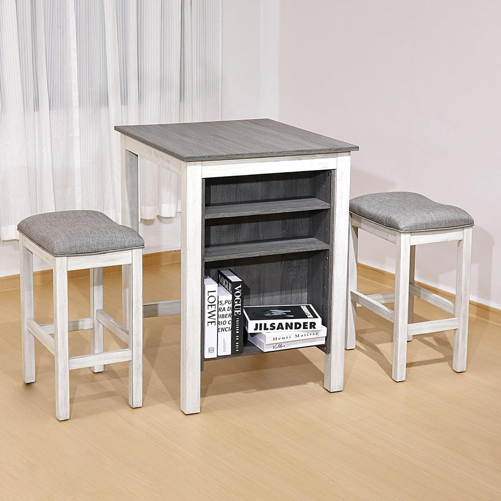 3-Piece Wooden Dining Table Set, Kitchen Island with Seating for 2, Kitchen Bar Table with Stools, Counter Height Dining Table Set, Rustic Gray Antique White, Farmhouse Style