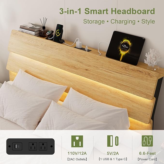 Feonase Floating Bed Frame Full with Led Lights and Charging Station, Wood Full Size Bed Frame with Storage Headboard, Heavy Duty Metal Slats, No Box Spring Needed, Easy Assembly,Oak