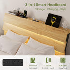 Feonase Floating Bed Frame Full with Led Lights and Charging Station, Wood Full Size Bed Frame with Storage Headboard, Heavy Duty Metal Slats, No Box Spring Needed, Easy Assembly,Oak