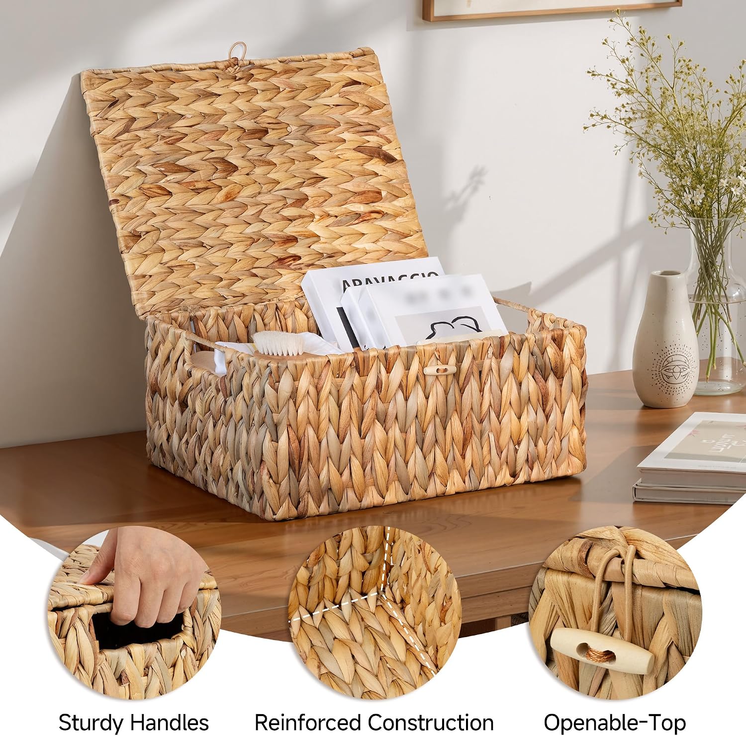 StorageWorks Extra Large Wicker Baskets with Lid for Organizing, Water Hyacinth Storage Baskets for Shelves, Decorative Box with Built-in Handles, Natural, 1 Pack