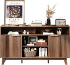 VINGLI Boho Fluted TV Stand for 70" TV, Solid Wood Entertainment Center with Storage and Shelves, Tall Media Console with Cable Management, TV Cabinet for Living Room and Bedroom, Walnut