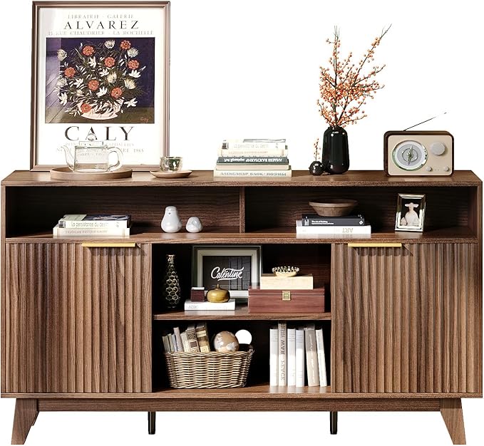 VINGLI Boho Fluted TV Stand for 70" TV, Solid Wood Entertainment Center with Storage and Shelves, Tall Media Console with Cable Management, TV Cabinet for Living Room and Bedroom, Walnut