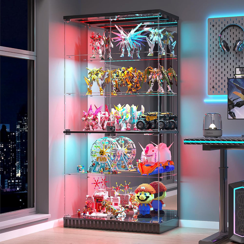Glass Display Cabinet with Human Body Sensing RGB Lights,5-Tiers Curio Cabine...
