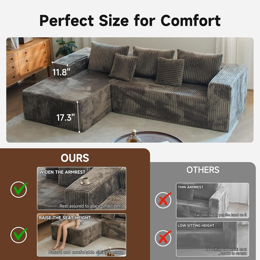 Upgrade 108’’ L Shape Cloud Couch, Plush Corduroy Sectional Sofa with Chaise, Boneless Couches for Living Room Bedroom, No Assembly Required (Khaki, Left Facing Chaise)