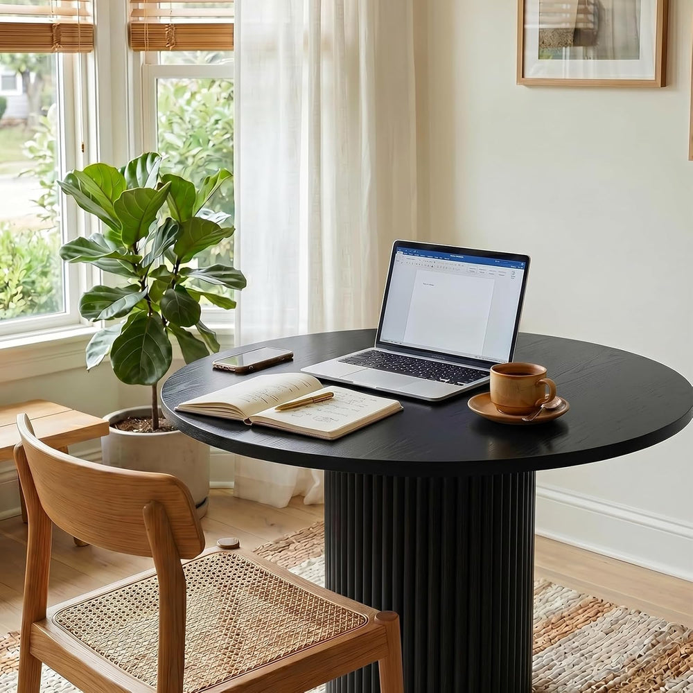 Comfy to go 36 inch Modern Round Dining Table, Solid Wood Strips Pedestal Bas...