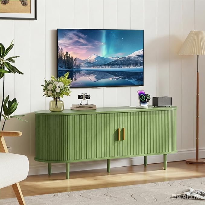 DHH 55 Inch Mid Century Modern TV Stand with Power Outlet for TVs up to 60 Inch, Entertainment Center with Storage and Adjustable Shelves, Media Console with Sliding Doors for Living Room(Green)