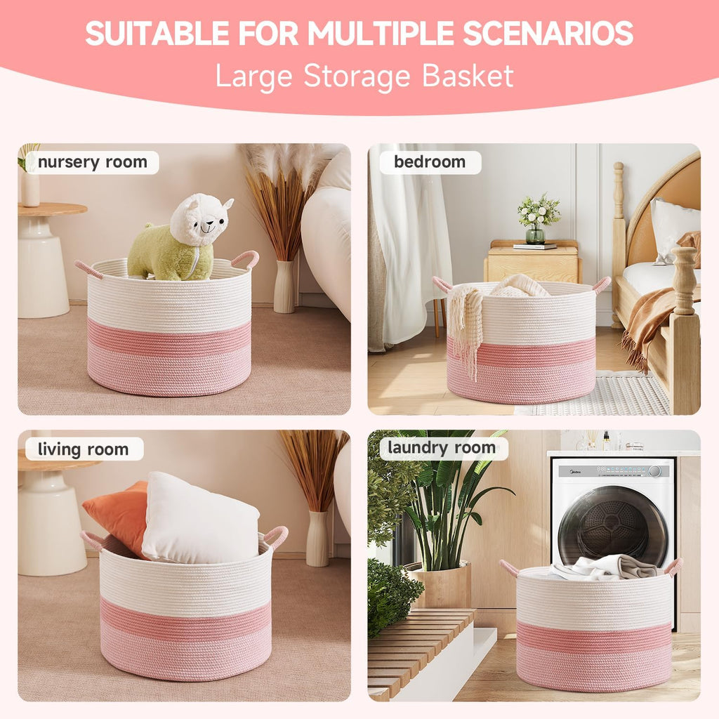 CLHMILY&Z Round Cotton Rope Storage Basket - 22x14.2 Inches - Cute Nursery Bin, Baby Toy Organizer, Pink Organizer for Home Decor, Multi-Purpose Home Tidy Solution