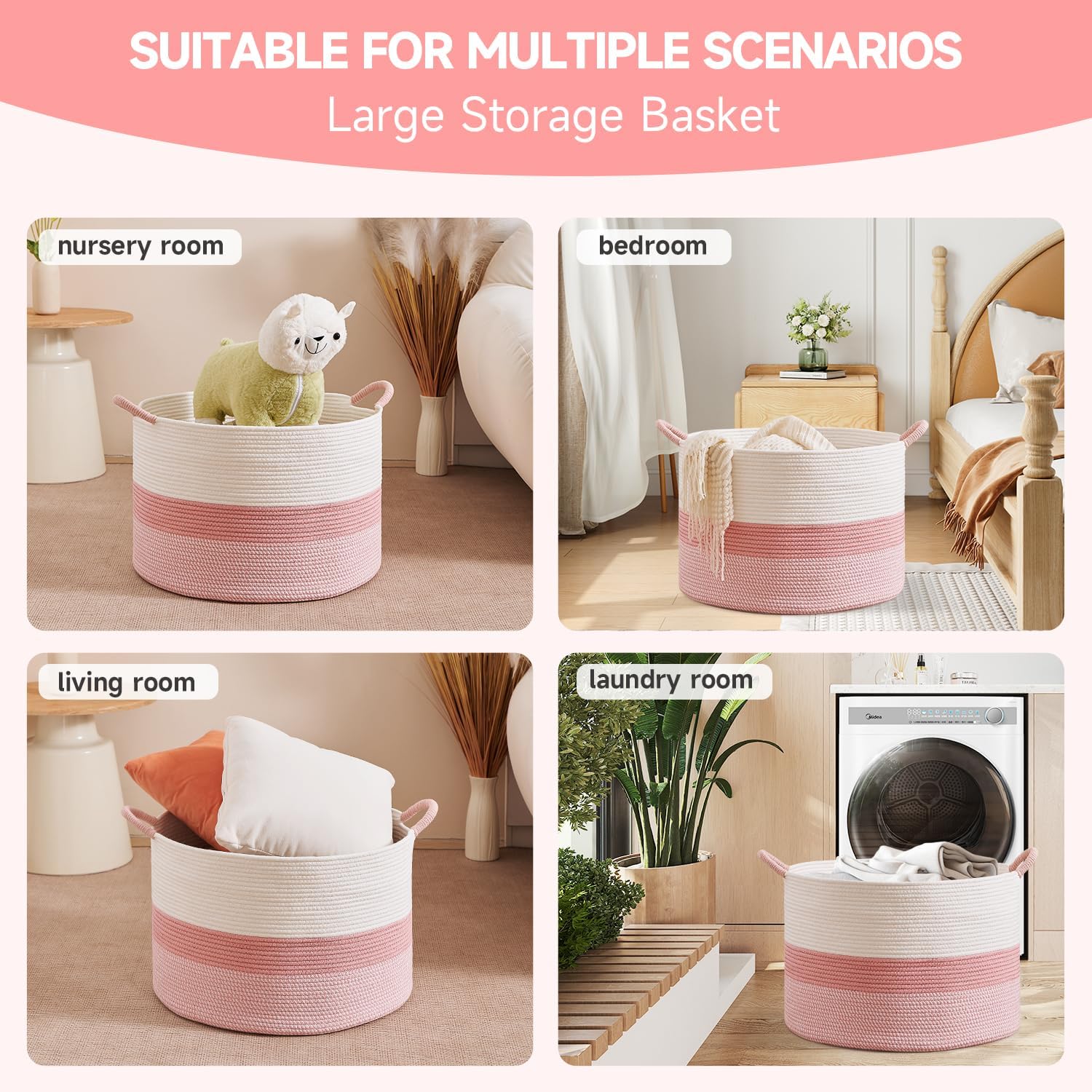 CLHMILY&Z Round Cotton Rope Storage Basket - 22x14.2 Inches - Cute Nursery Bin, Baby Toy Organizer, Pink Organizer for Home Decor, Multi-Purpose Home Tidy Solution