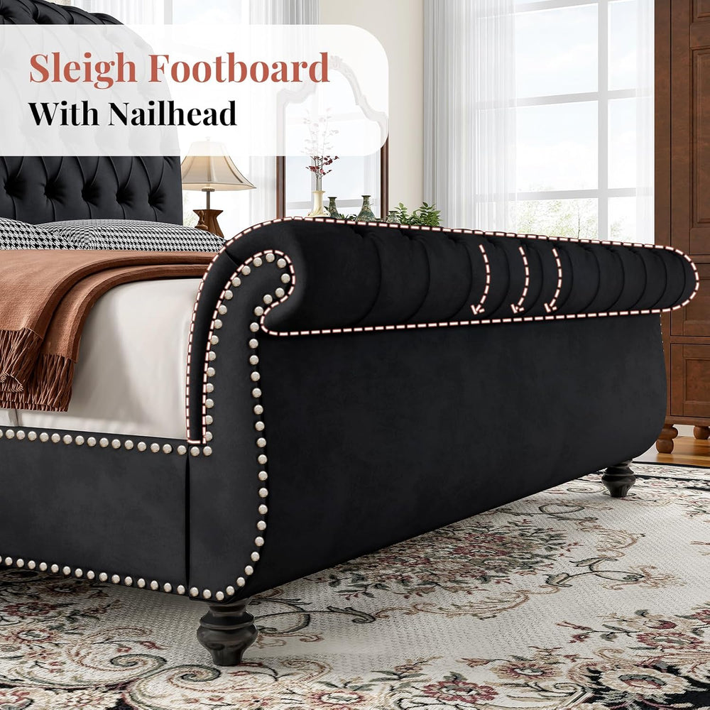 Jocisland Queen Size Bed Frame with Sleigh Headboard & Footboard, Black