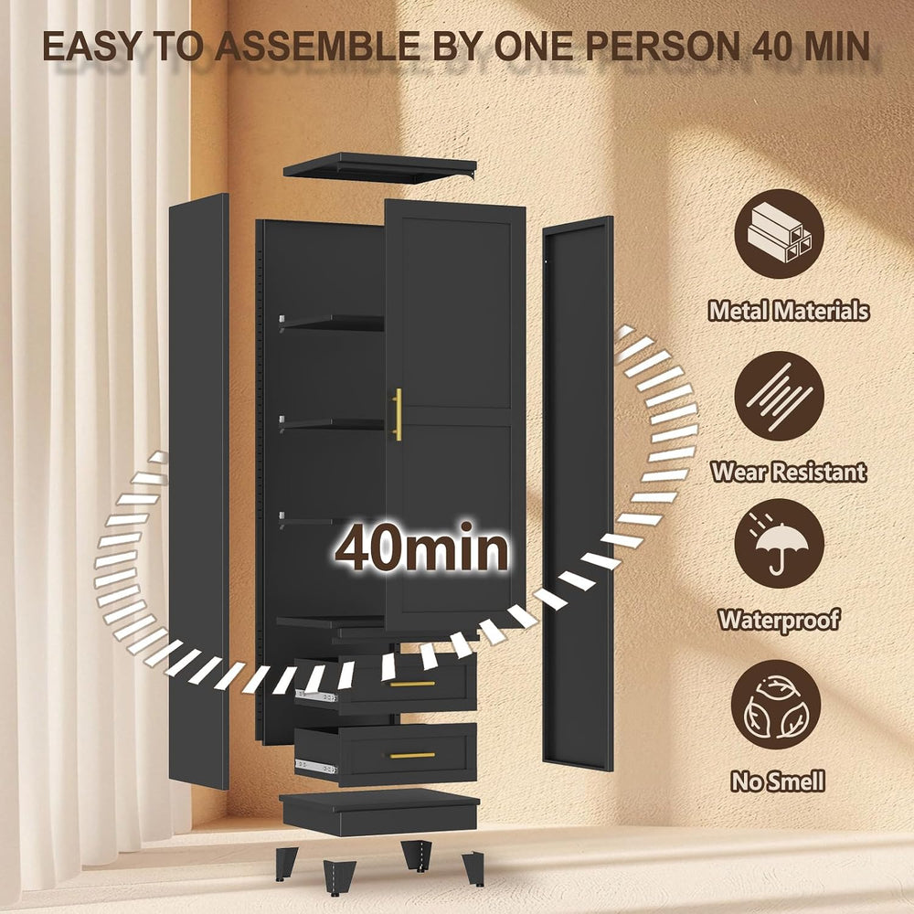 67" Tall Narrow Metal Storage Cabinet, Freestanding Pantry Organizer, Bl...