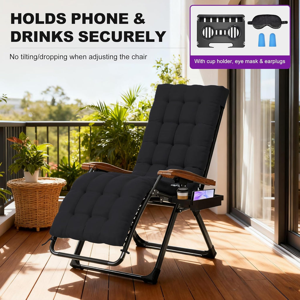 PURPLE LEAF Outdoor Reclining Chair Oversized Removable Cushion, Black | Extra-wide seat, Adjustable head pillow, UV protected textilene, Reclining backrest, Removable cushions, 120gsm peach skin