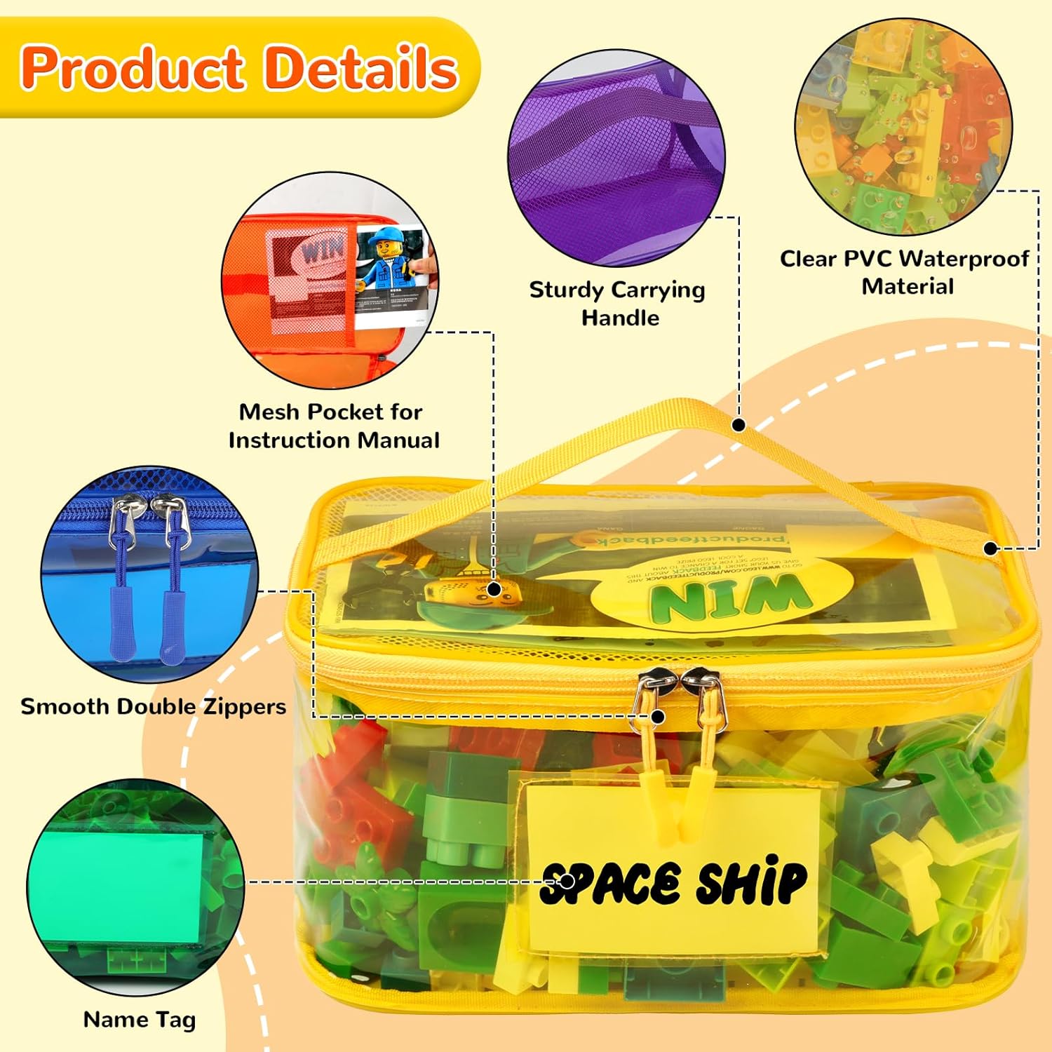 6 Pack Clear Toy Storage Bag with Name Tag& Manual Pocket, Waterproof Transparent PVC Toy Organizer Case for Lego Bricks, Board Games, Building Blocks, Puzzles (Large Capacity, Full Colourful)