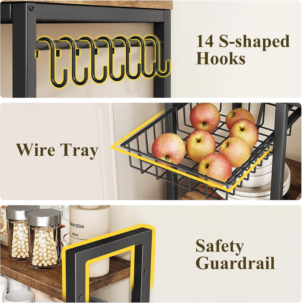 SNTD Baker Rack with Power Outlet - Microwave Stand with Storage, Large Coffee Bar Station with 14 Hooks, Metal Kitchen Shelf Rack for Spices, Pots (Rustic Brown) | with Power Outlet