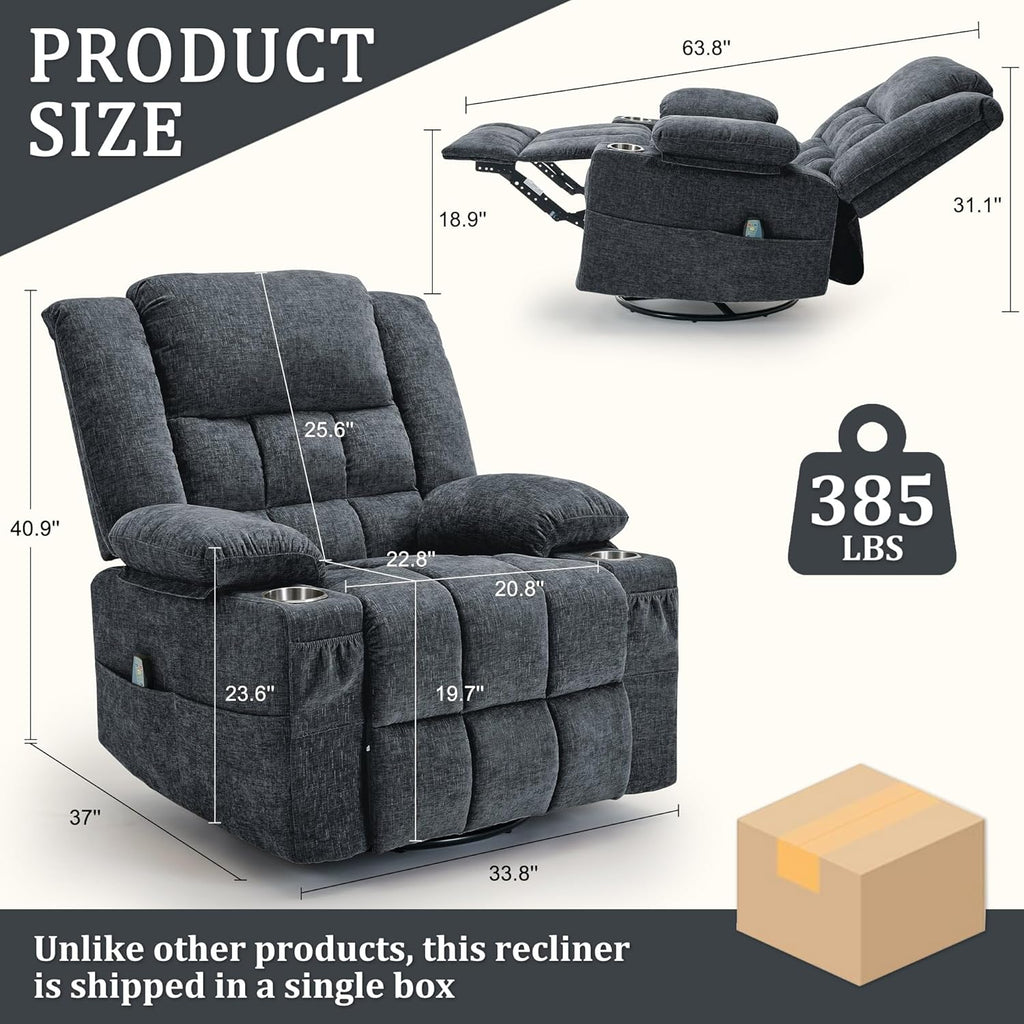 Korser 360° Swivel Rocker Recliner for Adults, Nursery Glider Recliner with Massage and Heating, Rocking Chair with Cup Holder, Manual Recliner Chair for Living Room, Bedroom (Fabric, Dark Gray)