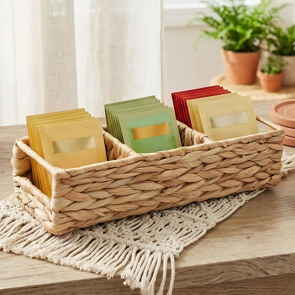 Triluxe Wicker Tea Bag Organizer, 3-Compartment Water Hyacinth Tea Holder for Countertop, Compact Tea Caddy & Sugar Packet Holder for Tea Station