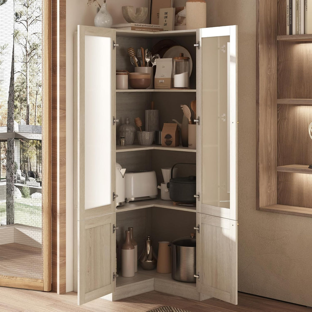 70.9" H L-Shaped Kitchen Pantry with Glass Doors, Modern Corner 4-Tiered...