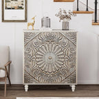 COSIEST Set of 3 32" Buffet Sideboard Cabinets with Storage, Accent Cabinet with Push-to-Open Doors, Vintage Flower Carved Pinewood Doors, Entryway Console for Living Room, Kitchen, Hallway, Gray