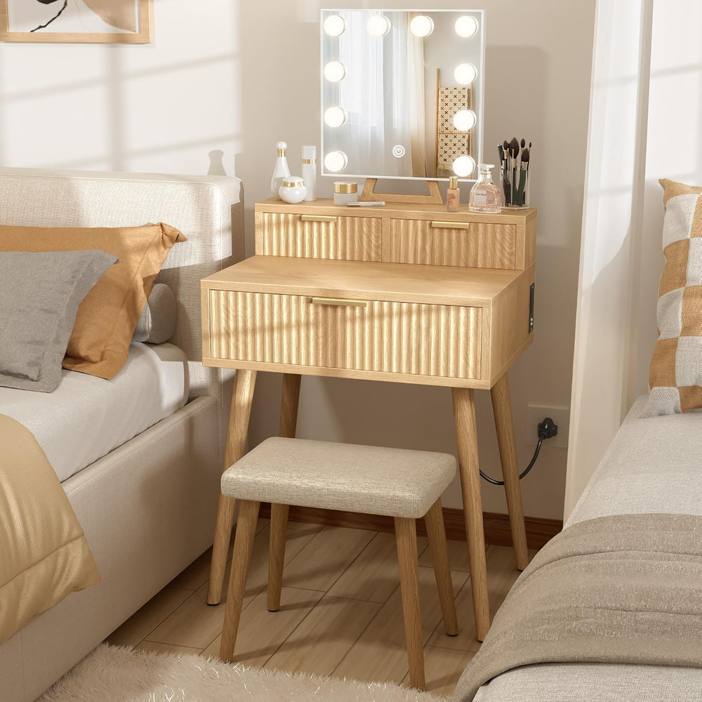 BOLUO Small Vanity Desk with Hollywood Mirror and Lights, Girls Vanity with S...