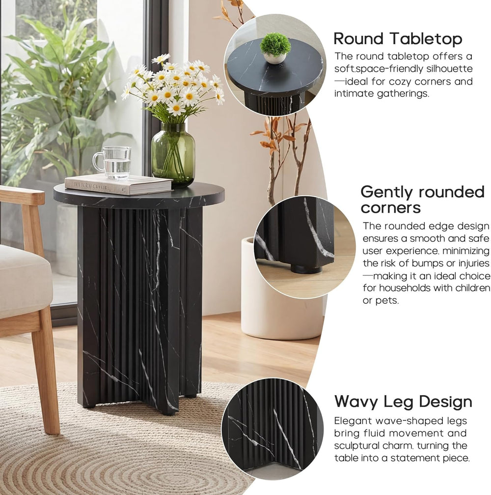 LEVNARY 15.7" Round Side Table with Marble-Look Top, Modern End Table wi...