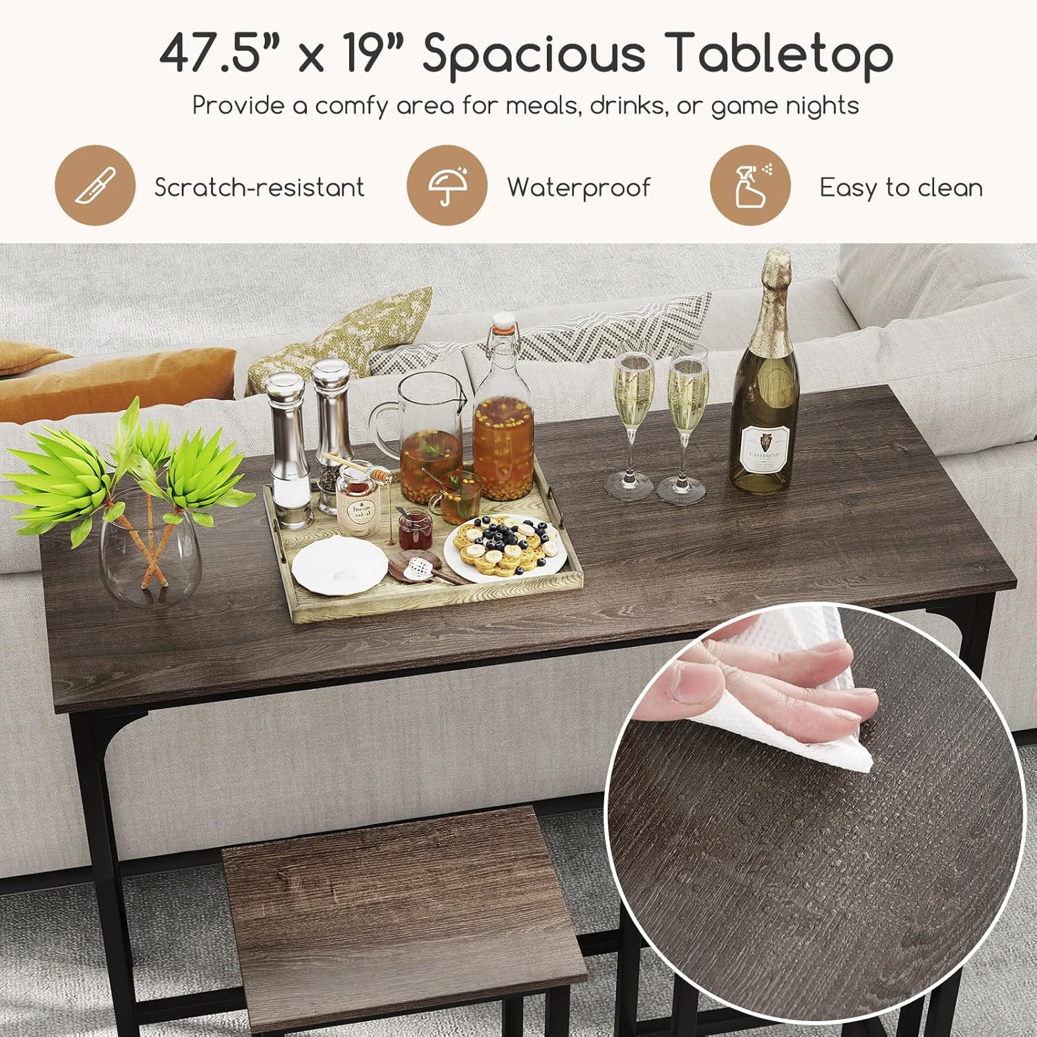 COSTWAY 3-Piece Dining Table Set, 47.5" Industrial Counter-Height Kitchen Table and 2 Bar Stools, High Top Rectangular Pub Table and Chairs for Dining Room Small Place Breakfast Nook Bistro (Grey) | w/ 2 Bar Stools, High Top Rectangular Pub Table and