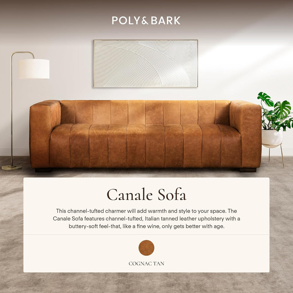 POLY & BARK Canale Sofa – 86" Channel-Tufted Italian Leather Couch –...