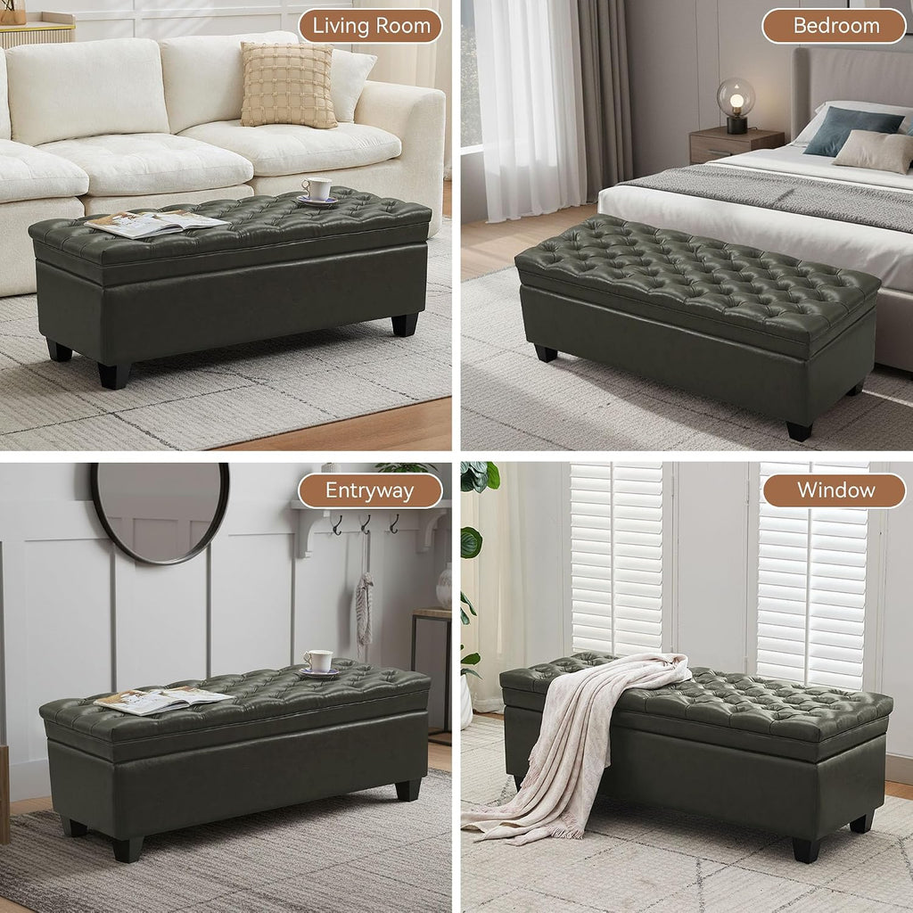 WUTUTUEE 50" Faux Leather Storage Ottoman Bench, End of Bed Upholstered Rectangle Storage Ottoman Tufted Living Room Bedroom Bench with Safety Hinge, Solid Wood Legs, Loads 500 lb(Green)