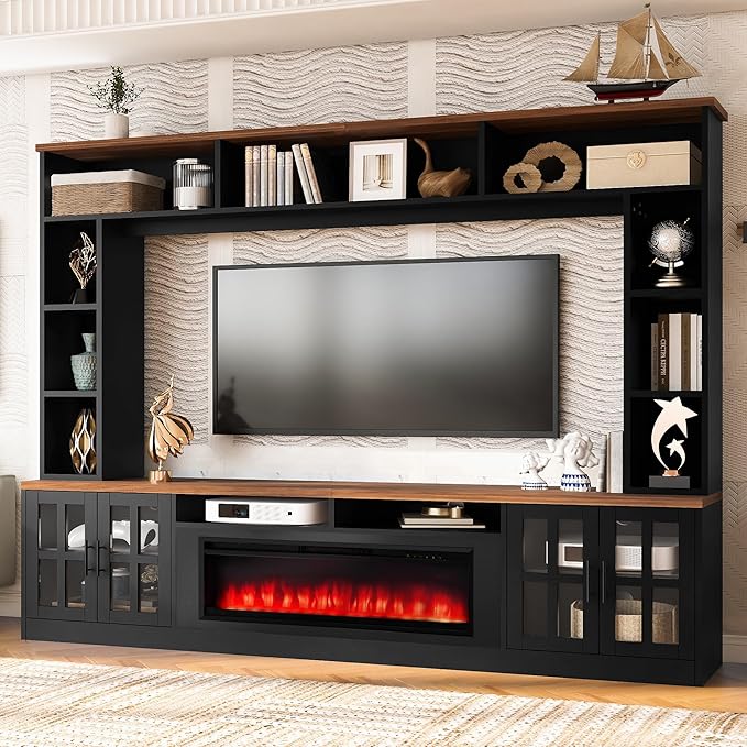 95.5" W Wall Unit Entertainment Center with Bookshelves for TVs up to 80", Modern TV Stand Media Console with Electric Fireplace Cabinets, Adjustable Shelves for Living Room (Black+Brown/F)