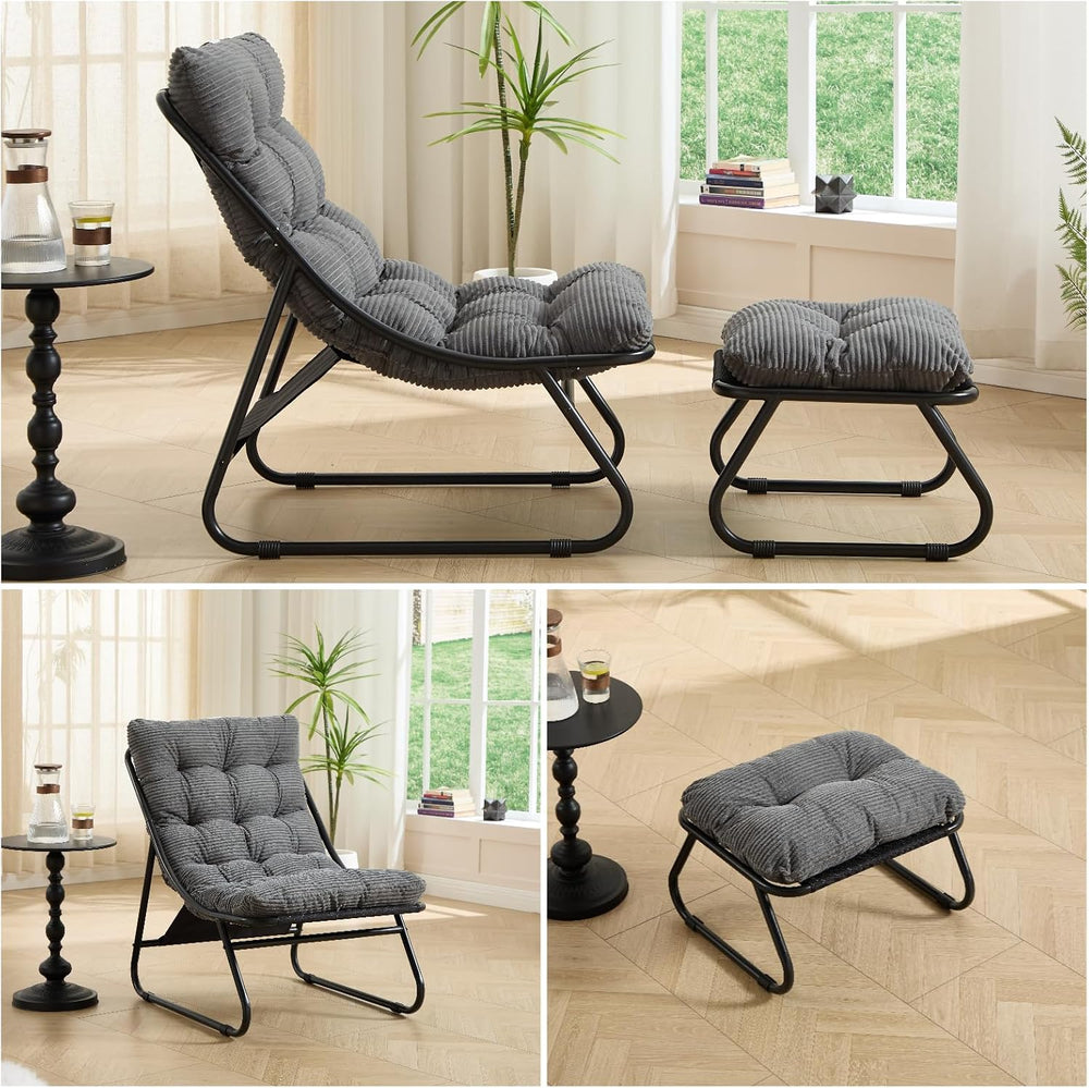 Patio Outdoor Lounge Chair with Ottoman, Armless Lounge Chair with Black Meta...