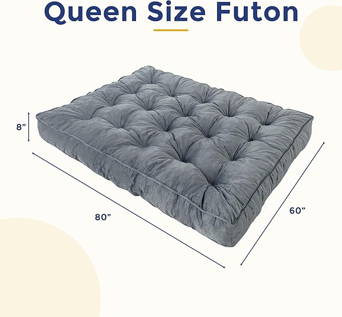 MAXYOYO 8" Futon Mattress Queen Size, Extra Thick Futons Sofa Couch Bed, Velvet Floor Mattress, Shredded Foam Filling (Frame Not Included),Dark Grey