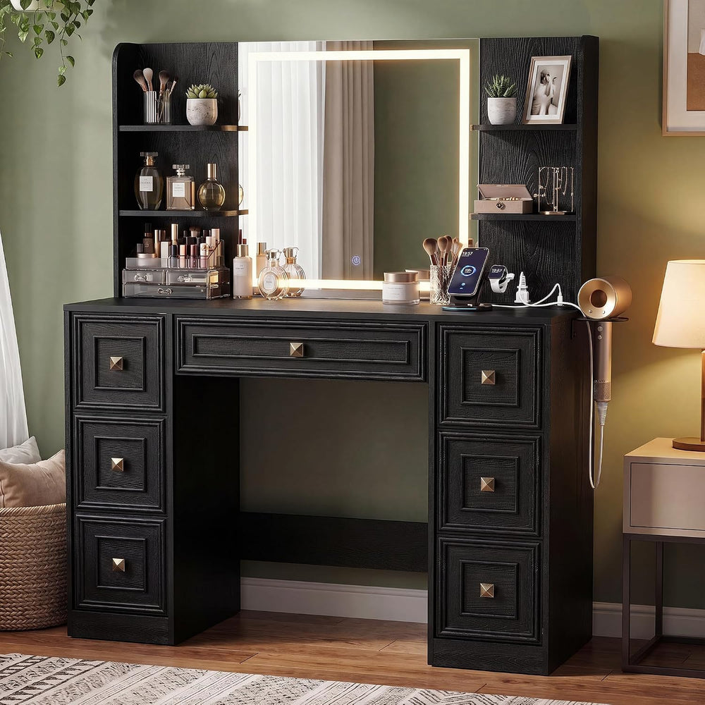 YESHOMY Makeup Vanity Desk,LED Mirror,Charge Hub,Hair Tool Organizer | UL Fas...