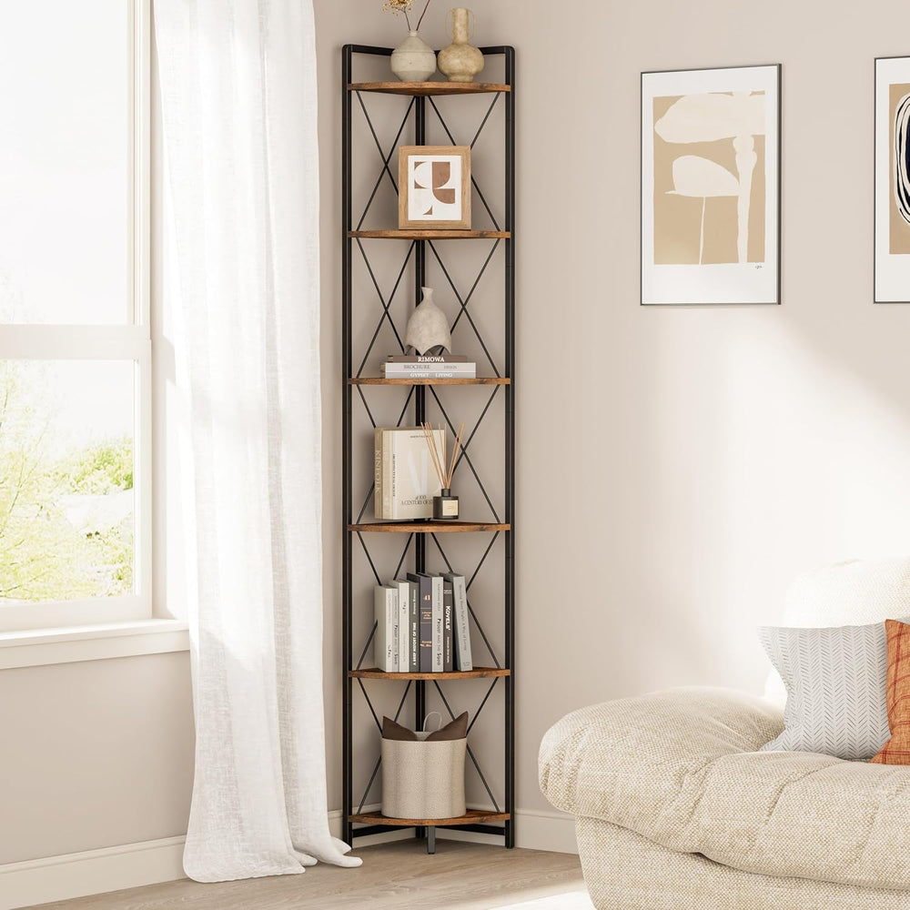6 Tier Corner Shelf Stand, 78" H Tall Industrial Corner Bookshelf for Li...