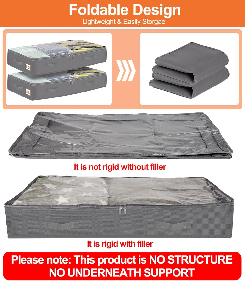 punemi Under Bed Storage Containers with Lid, 2 Pack Large Soft Foldable Storage Bags for Clothes, Coats, Sweaters, Blankets, Water-Resistant Inner Layer, 20x40x7.5 in, Perfect for Apartments and RV