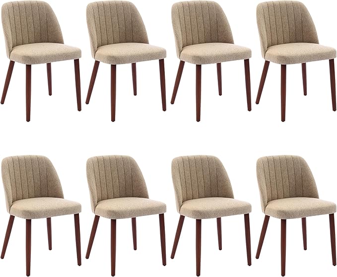 Wooden Dining Chairs Set of 8, Upholstered Kitchen Dining Room Chairs with Padded Seat and Wood Legs, Modern Fabric Side Dinner Chair for Kitchen, Dining Room, Restaurant, Cafe, Camel