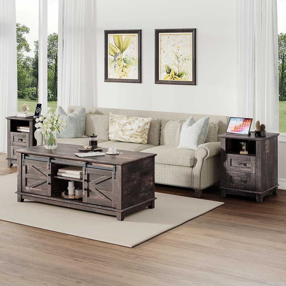 LUXOAK Farmhouse Table Set of 3, Coffee Table with Sliding Barn Doors, End Ta...